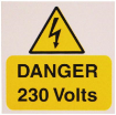 Picture of Industrial Signs Label Danger 230 Volts Self Adhesive Rigid PVC Pack of 5 75x75mm Yellow/Black on White | IS1705RP