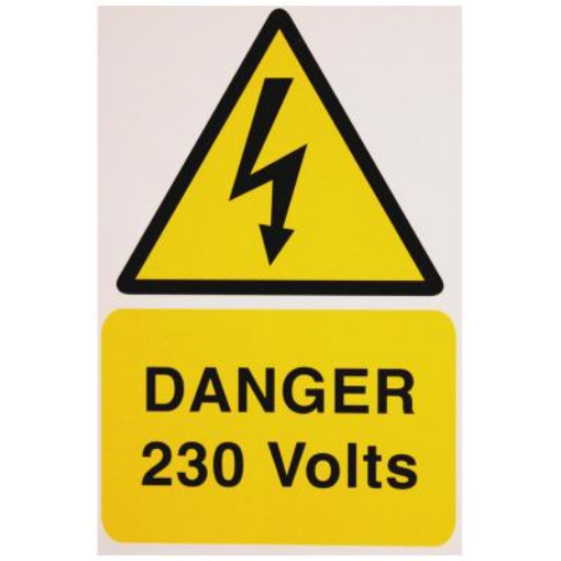 Picture of Industrial Signs Label Danger 230 Volts Self Adhesive Rigid PVC Pack of 1 150x225mm Yellow/Black on White | IS4901RP