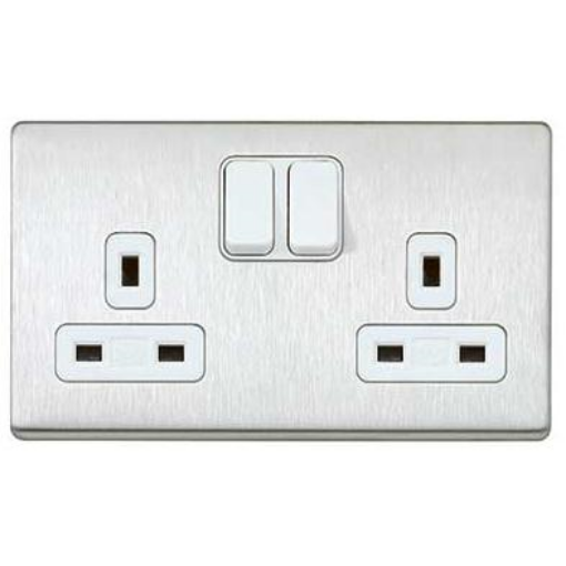 Picture of MK Electric Socket 2 Gang Switched DP White Inserts Aspect Brushed Stainless Steel | K24347BSSW