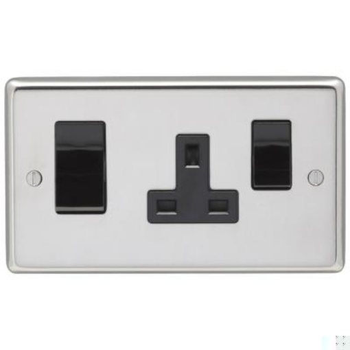 Picture of Eurolite Cooker Control Unit 2 Gang DP Switch & Socket Black Insert 45A 146x86x7mm Polished Stainless Steel | PSS45ASWASB