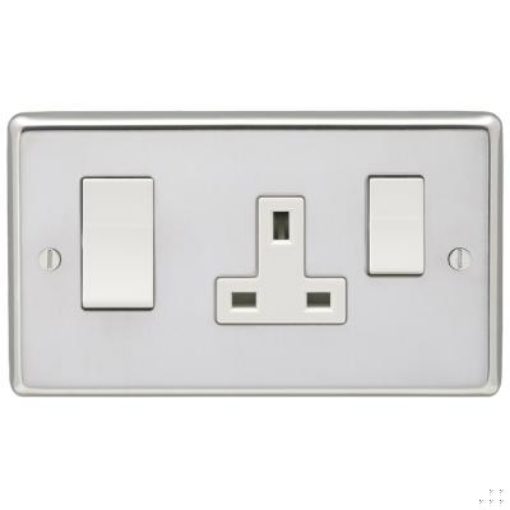 Picture of Eurolite Cooker Control Unit 2 Gang DP Switch & Socket White Insert 45A 146x86x7mm Polished Stainless Steel | PSS45ASWASW