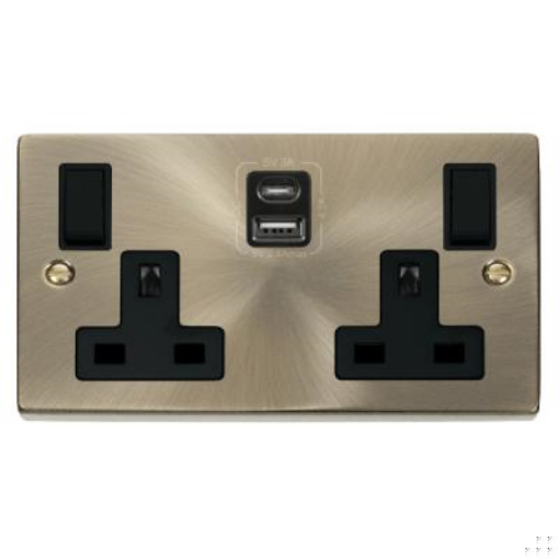 Picture of Click Socket 2 Gang Switched with Twin USB Outlet Type A & Type C Deco 13A 2x2.1A Antique Brass | VPAB786BK