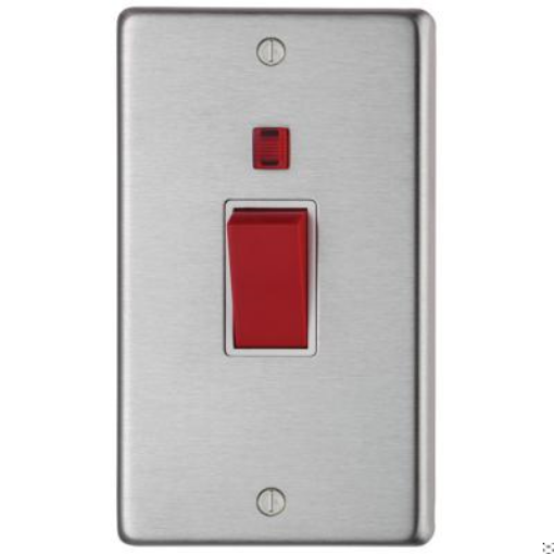 Picture of Eurolite Cooker Control Switch 2 Gang DP with Neon Red White Insert 45A 86x146x7mm Satin Stainless Steel | SSS45ASWNW